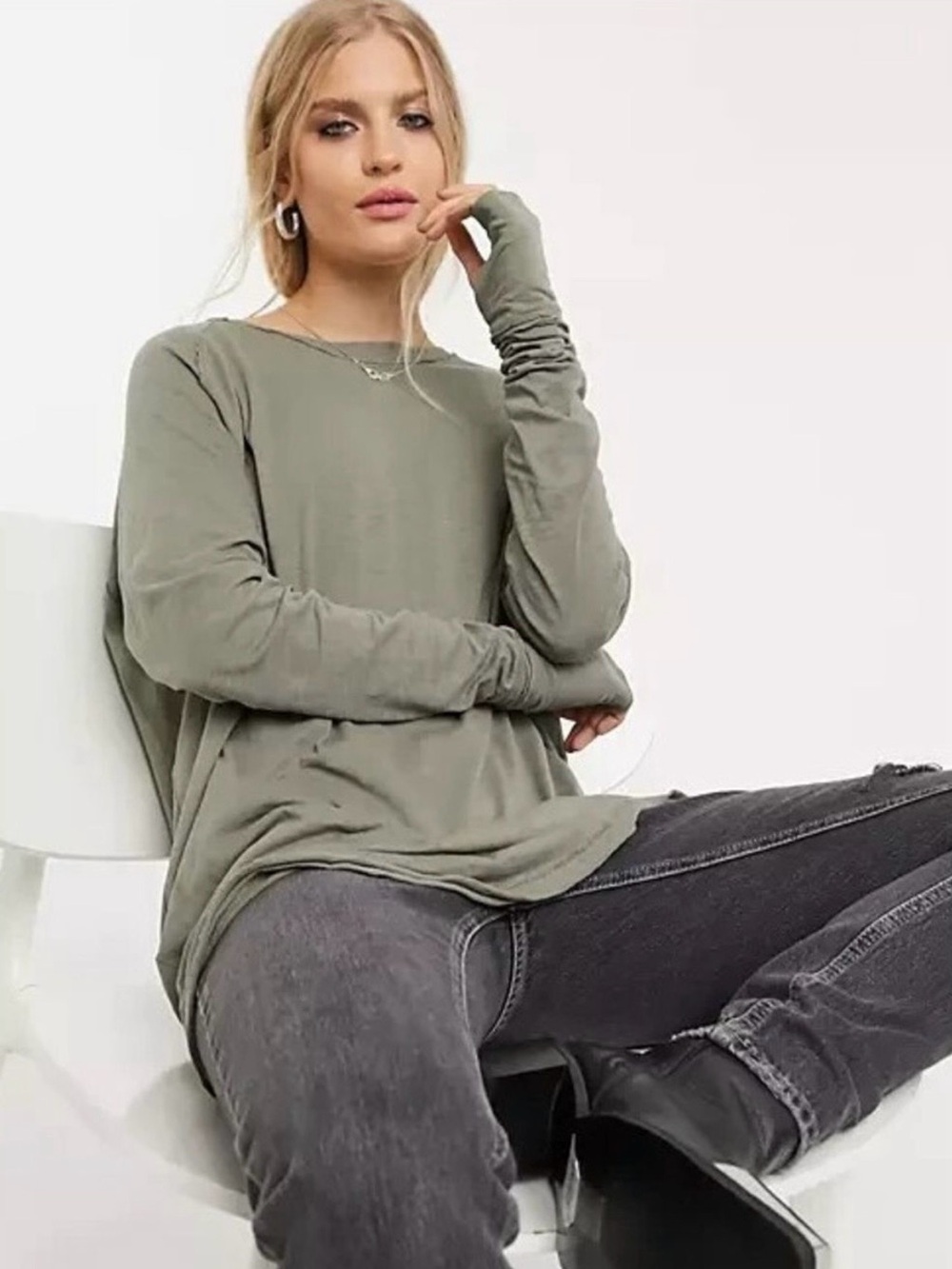 Free People ‘Arden’ Olive Green Long Sleeve Tunic Top Oversized Relaxed Fit